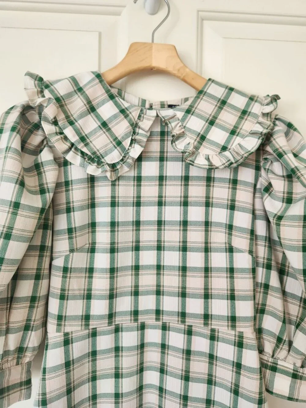 Nasty Gal Plaid Check Mini Dress Green Cream Ruffled Coquette Romantic Cottage - Picture 3 of 11